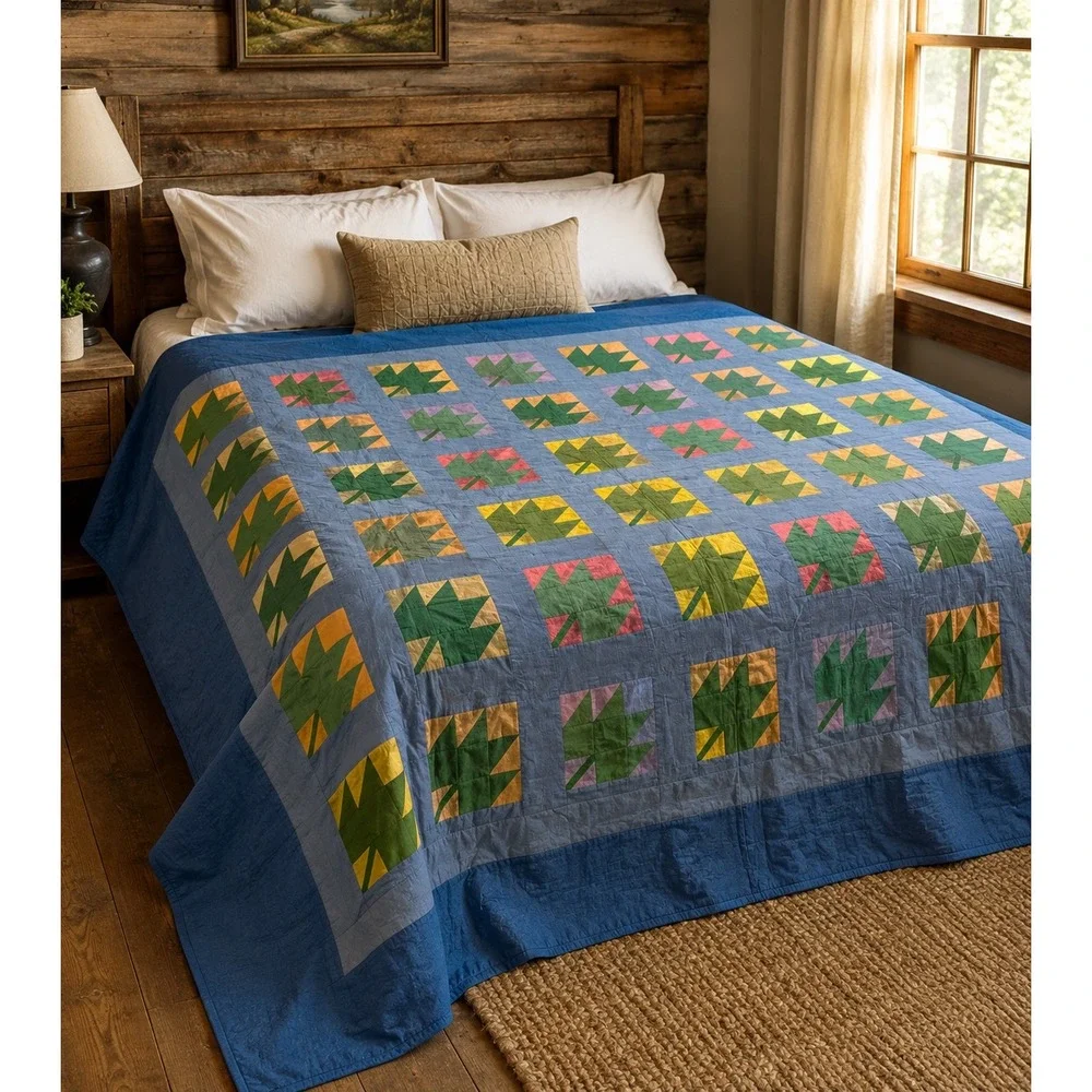 Vintage Hand Stitched Patchwork Quilt Leaf Blocks Blue Green Full Queen 92x88